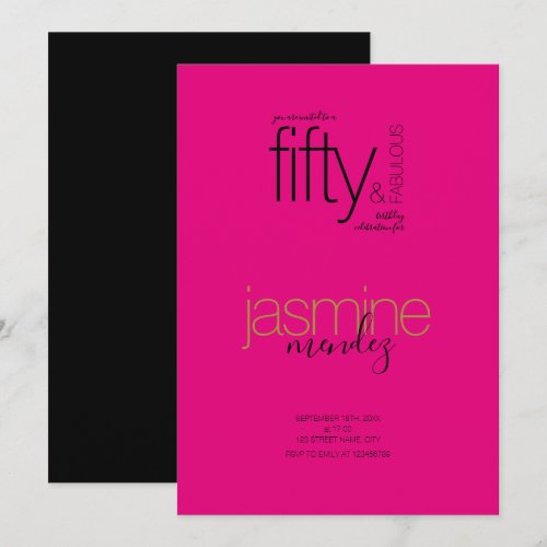 Pink & Black 50 & Fabulous Golden accent Birthday Invitation