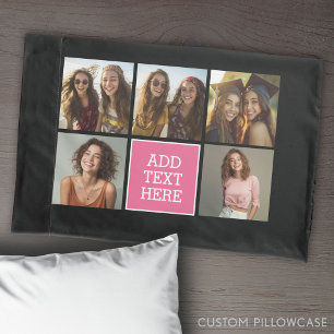 Pink Black 5 Photo Collage with Text Pillow Case