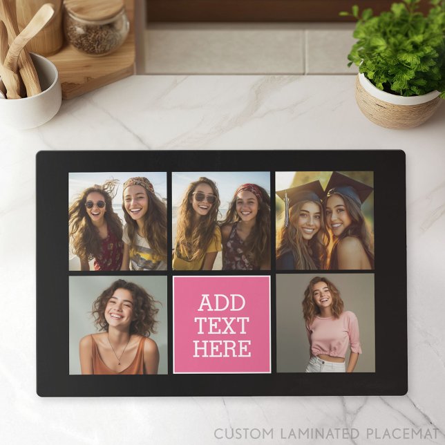 Pink Black 5 Photo Collage with Text Placemat (Custom Placemat with Photo Collage)