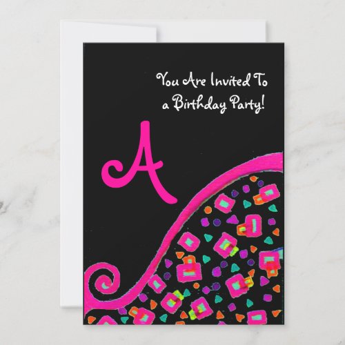 PINK BLACK ABSTRACT DECO BIRTHDAY PARTY MONOGRAM INVITATION