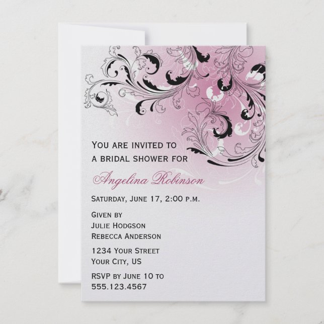 Pink Black Abstract Swirls Bridal Shower Invitatio Invitation (Front)