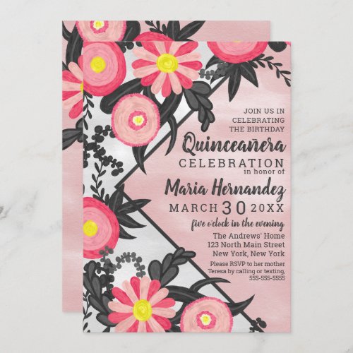 Pink Black Acrylic Floral Watercolor Quinceaera Invitation