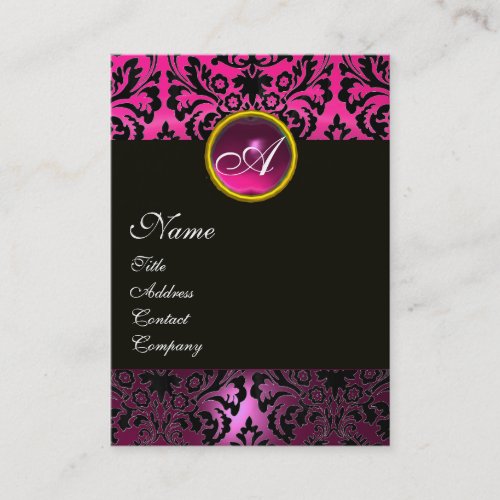 PINK BLACK AMETHYST DAMASK MONOGRAM Fuchsia Floral Business Card