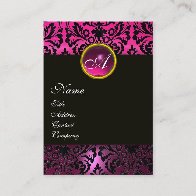 PINK BLACK AMETHYST DAMASK MONOGRAM Fuchsia Floral Business Card (Front)