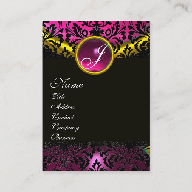 PINK BLACK AMETHYST DAMASK MONOGRAM ,fuchsia gold Business Card (Front)