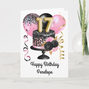Pink Black and Gold 17th Birthday for Her Card