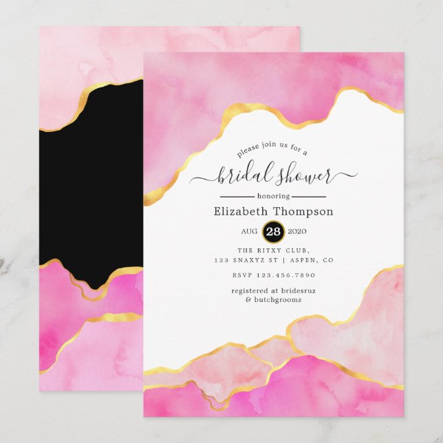 Pink, Black and Gold Agate Bridal Shower Invitation (Front/Back)