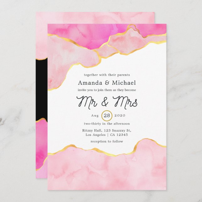 Pink, Black and Gold Agate Wedding Invitation (Front/Back)