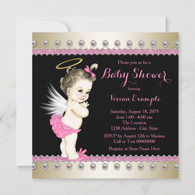 Pink Black and Gold Angel Baby Shower Invitation (Front)