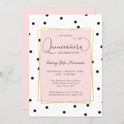 Pink Black and Gold Confetti Dots Quinceanera Invitation