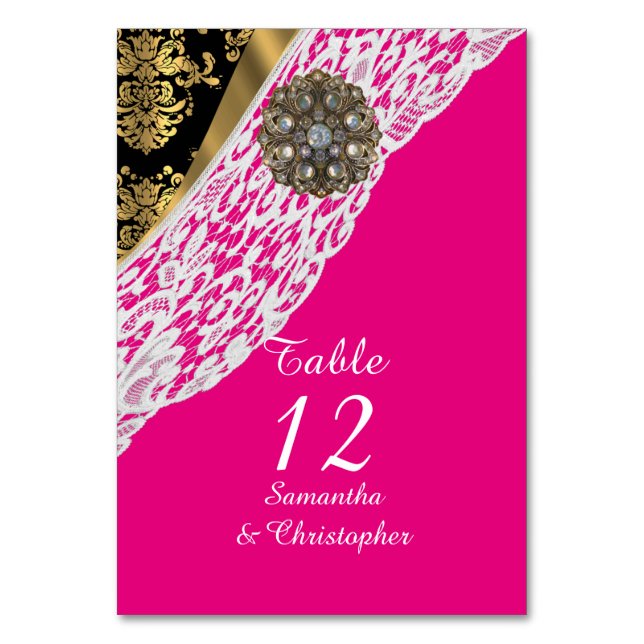 Pink black and gold damask white lace wedding table number (Front)