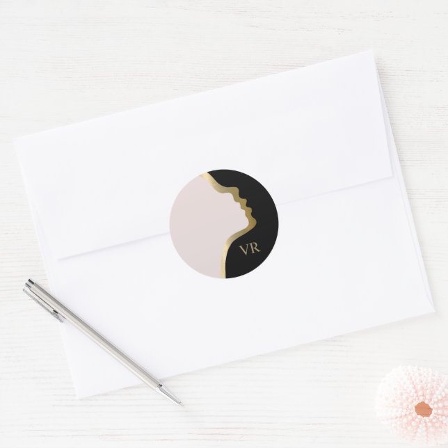 Pink Black And Gold Face Monogram Name Classic Round Sticker (Envelope)