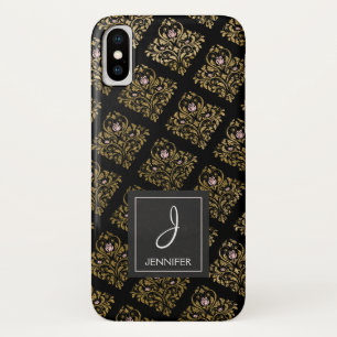 Pink, Black and Gold Foil Floral Monogram iPhone X Case