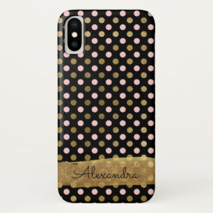 Pink, Black and Gold Foil Polka Dot Name iPhone X Case