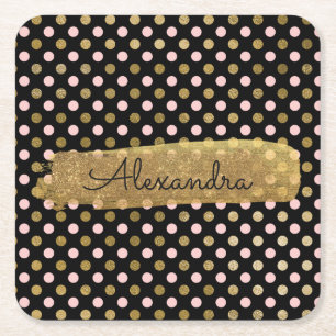 Pink, Black and Gold Foil Polka Dot Name Square Paper Coaster