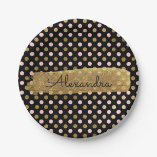 Pink, Black and Gold Foil Polka Dot & Stripe Paper Plates
