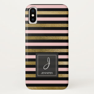 Pink, Black and Gold Foil Striped Monogram iPhone X Case