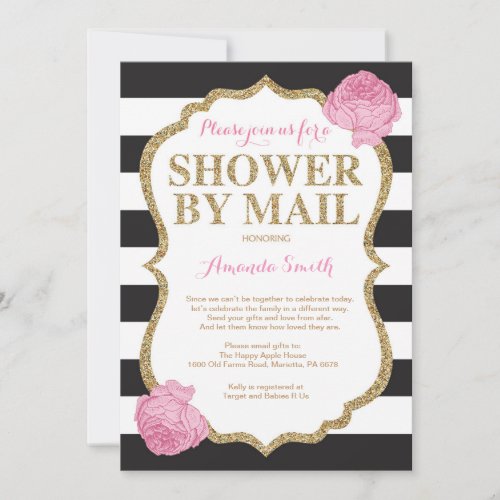 Pink Black and Gold Glitter Baby Shower by Mail Invitation