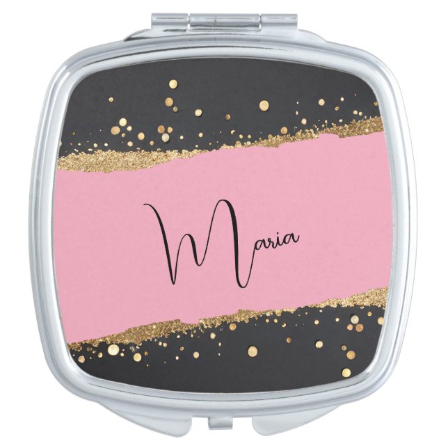 Pink, Black and Gold Glitter Compact Mirror (Front)
