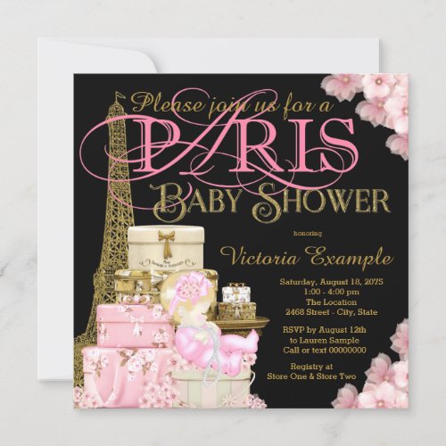 Pink Black and Gold Paris Blonde Girl Baby Shower Invitation