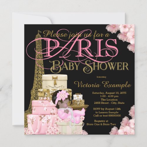 Pink Black and Gold Paris Ethnic Girl Baby Shower Invitation