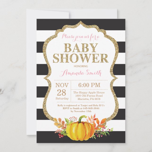 Pink Black and Gold Pumpkin Baby Shower Invitation (Front)