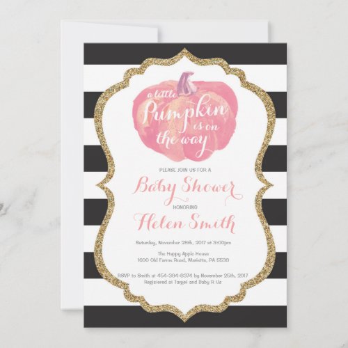 Pink Black and Gold Pumpkin Girl Baby Shower Invitation