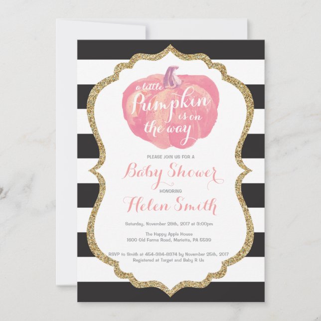 Pink Black and Gold Pumpkin Girl Baby Shower Invitation (Front)