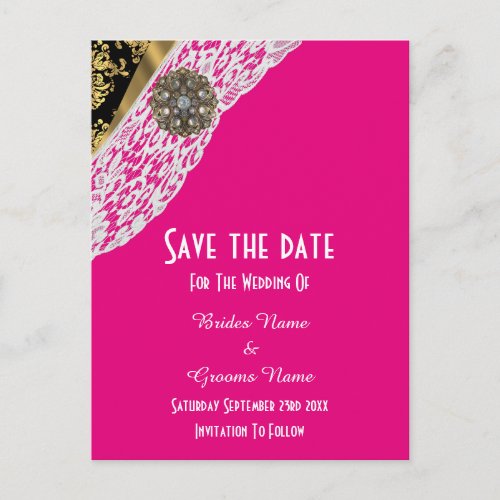 Pink black and gold white lace save the date announcement postcard