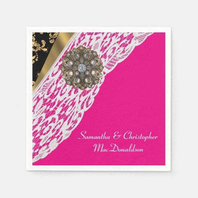 Pink black and gold white lace wedding paper napkins (Front)