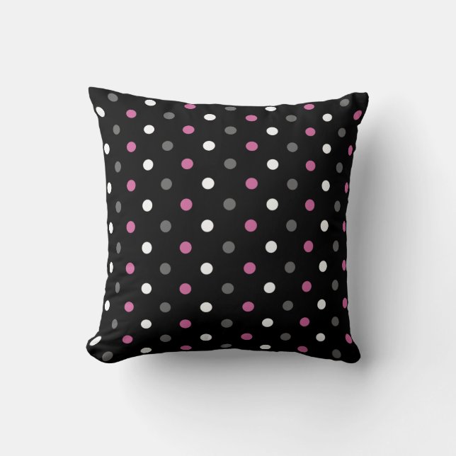 Pink, Black and Grey Polka Dot Throw Pillow (Front)