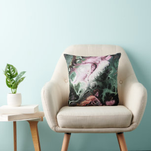 Pink, black and jade green marble tie-dye throw pillow