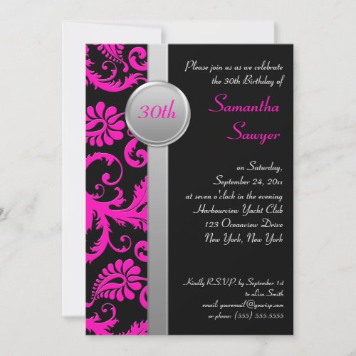 Pink, Black, and Silver 30th Birthday Invitation
