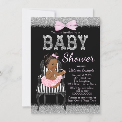 Pink Black and Silver Ethnic Girl Baby Shower Invitation