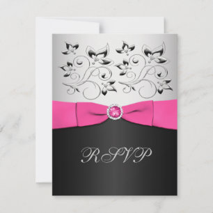 Pink, Black, and Silver Floral RSVP Card