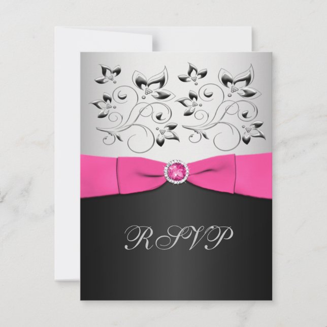 Pink, Black, and Silver Floral RSVP Card (Front)