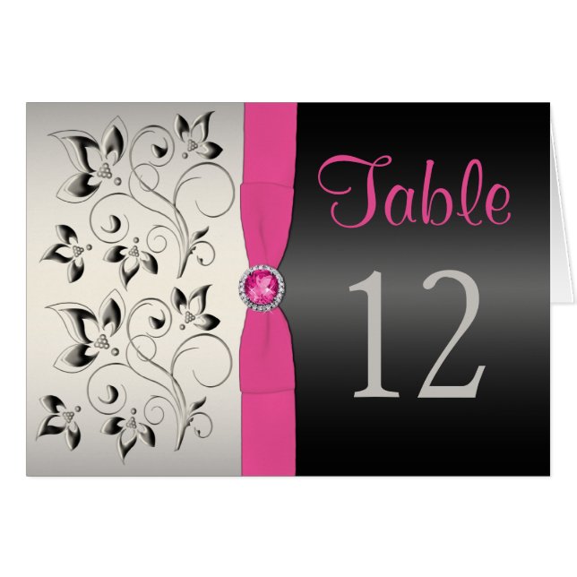 Pink, Black and Silver Floral Table Number Card (Front Horizontal)