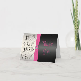 Pink, Black, and Silver Floral Thank You Note Card