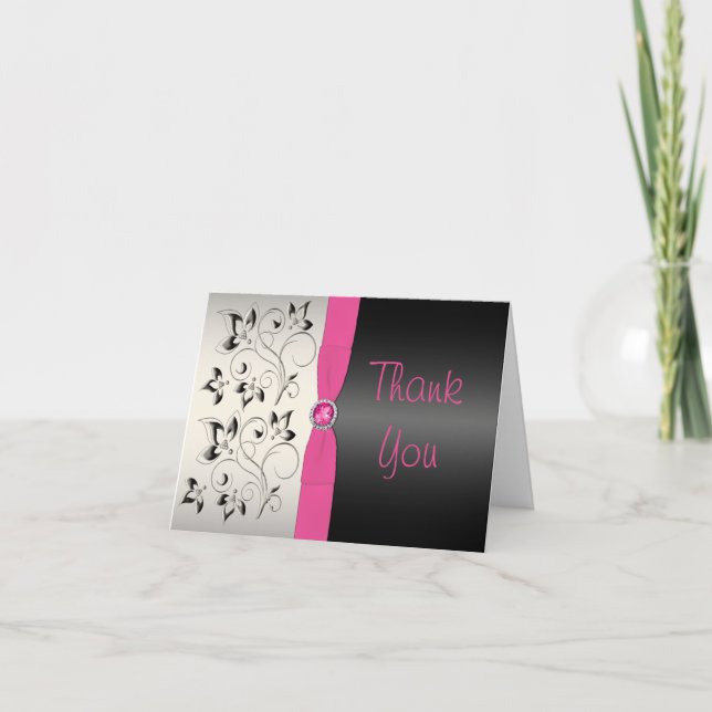 Pink, Black, and Silver Floral Thank You Note Card (Front)