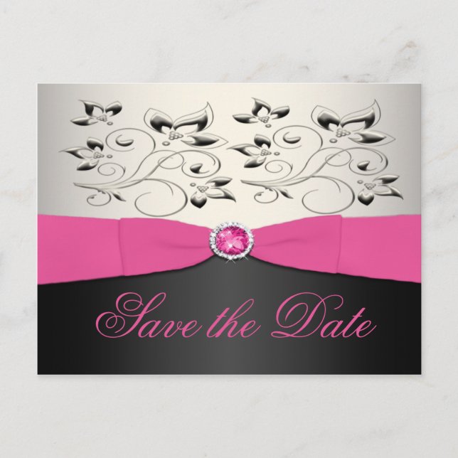 Pink, Black, and Silver Save the Date Postcard (Front)