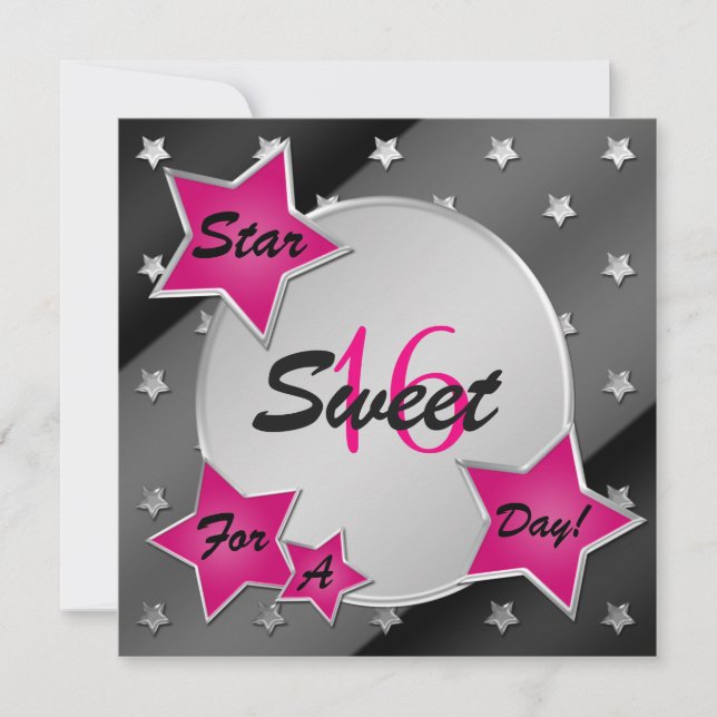 Pink, Black, and Silver Stars Sweet 16 Invitation (Front)