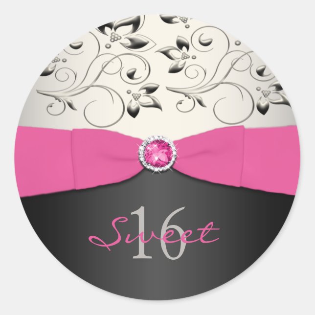 Pink, Black, and Silver Sweet Sixteen Sticker (Front)