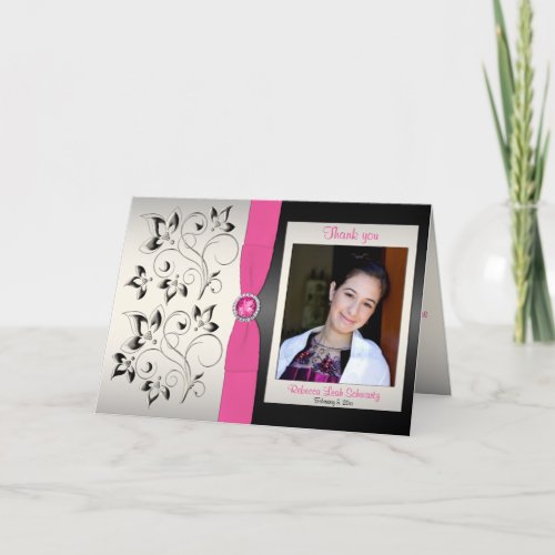 Pink Black and Silver Thank You Card with Photo