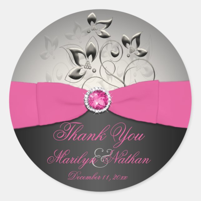 Pink, Black, and Silver Wedding Thank You Sticker (Front)