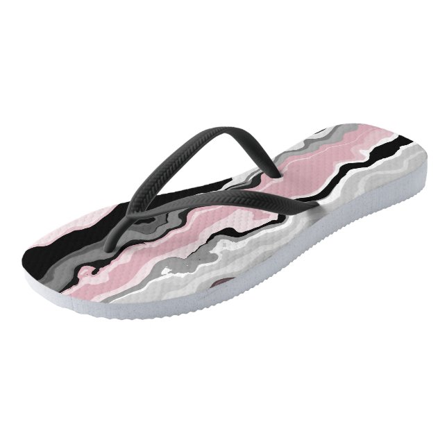 pink black and white abstract flip flops (Angled)