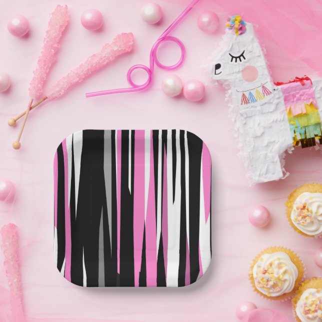 Pink Black and White Abstract Paper Plates (Party)