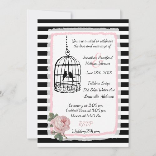 Pink Black and White Birdcage Wedding Invitations