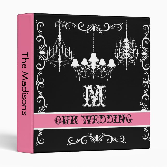 Pink, Black and White Chandelier Wedding Binder (Front/Spine)