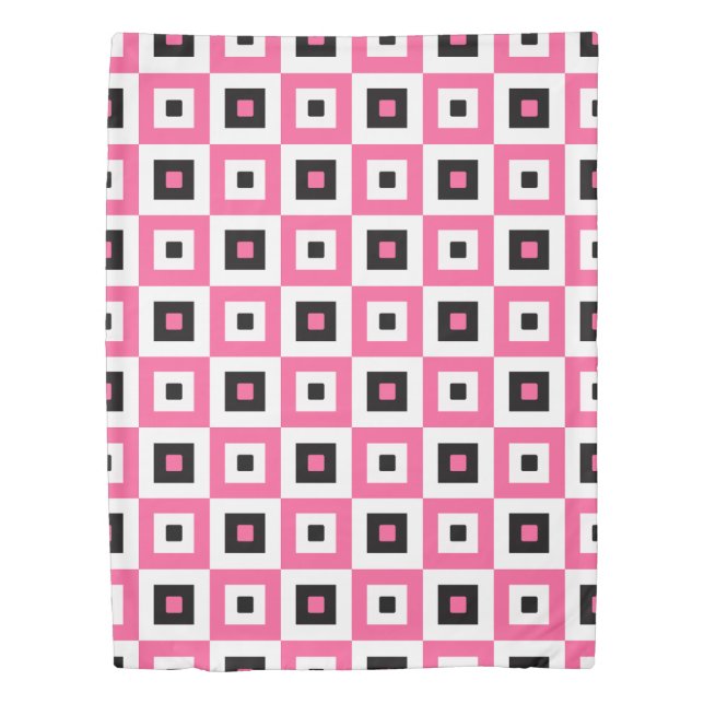 Pink Black and White Checkered Squares Pattern Duvet Cover (Front)