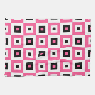 Pink Black and White Checkered Squares Pattern Kitchen Towel